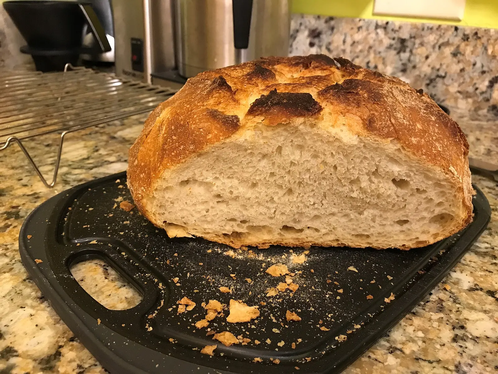 Sliced sourdough loaf showing an open crumb